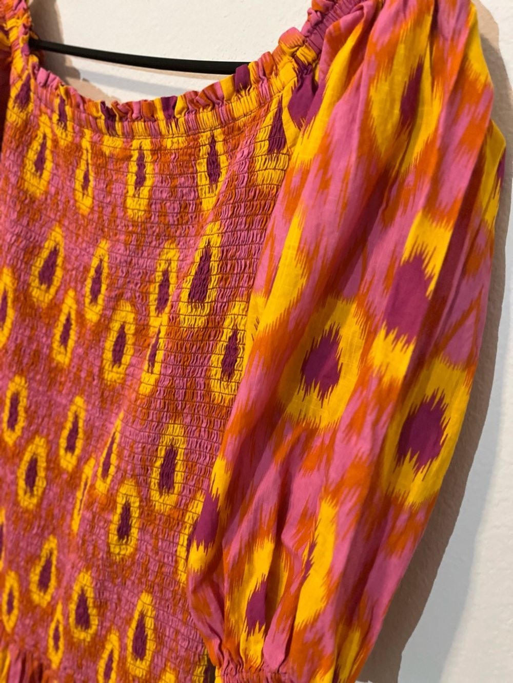 ZARA Vibrant Pink Yellow Printed Off Shoulder Smock Puff Sleeve Maxi Dress Beach - Picture 4 of 8